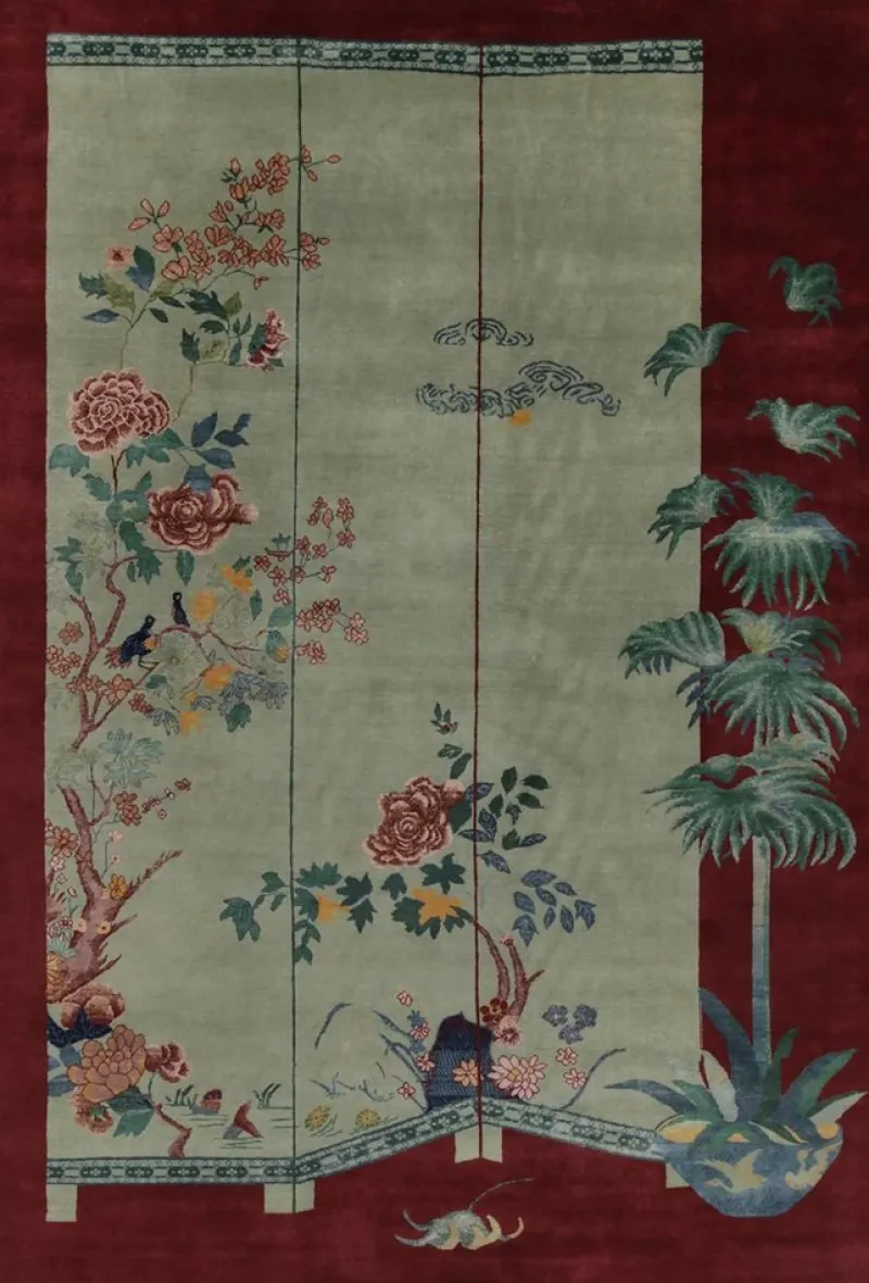 Online Pamono Chinese Style Rug in Red with Green and Blue Pictorial from R&K Principal Jahanshah Nazmiyal