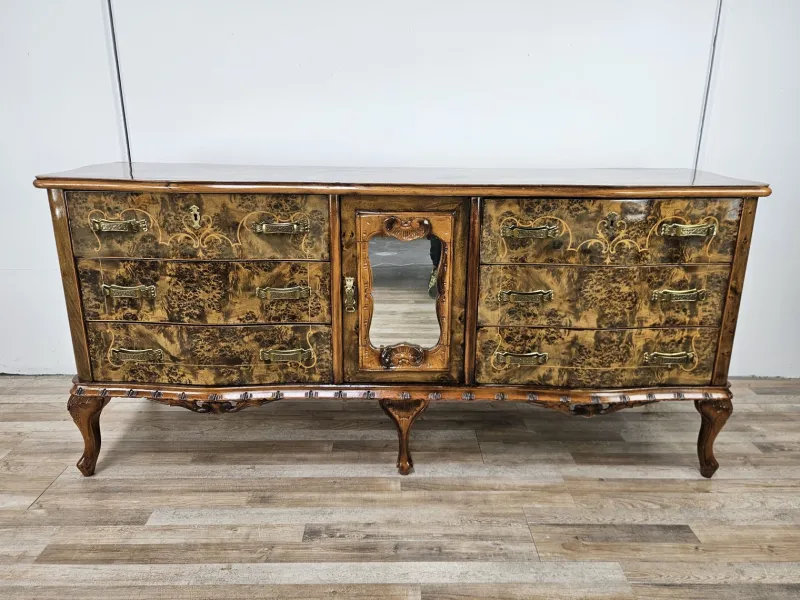Pamono Chippendale Carved and Worked Chest of 6 Drawers with Central Mirrored Door, 1950s> Dressers, Commodes & Chests