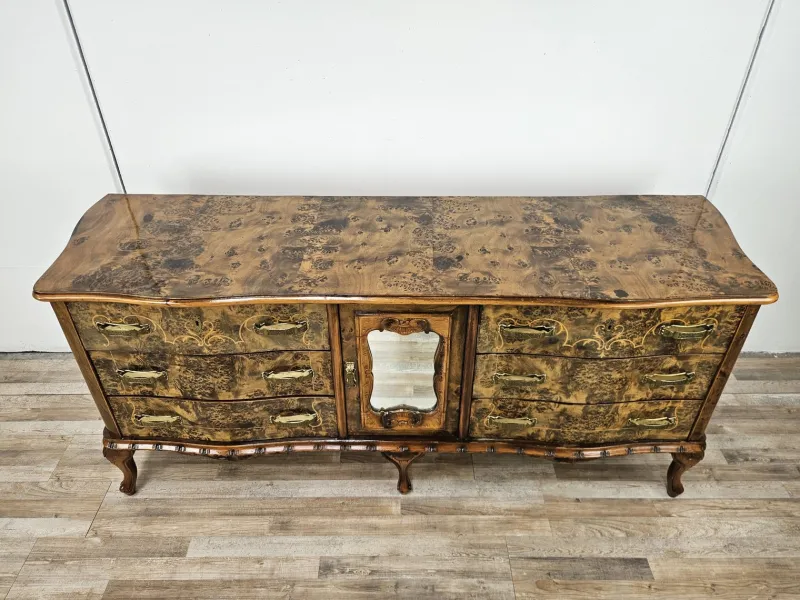 Pamono Chippendale Carved and Worked Chest of 6 Drawers with Central Mirrored Door, 1950s> Dressers, Commodes & Chests