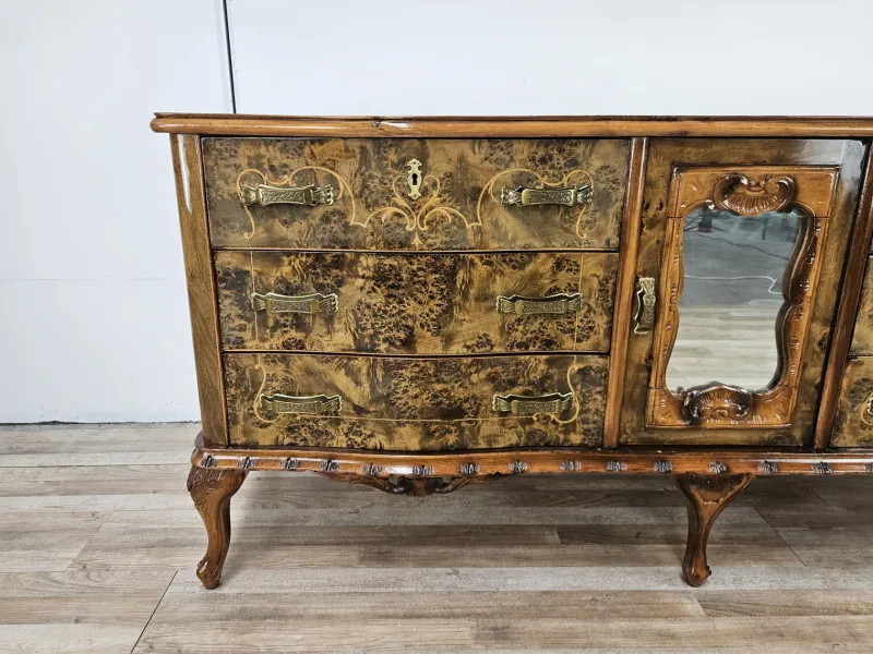 Pamono Chippendale Carved and Worked Chest of 6 Drawers with Central Mirrored Door, 1950s> Dressers, Commodes & Chests