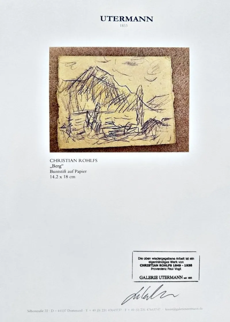 New Pamono Christian Rohlfs, Berg, Colored Pencil, Certificate of Authenticity, Provenance: Paul Vogt, Essen