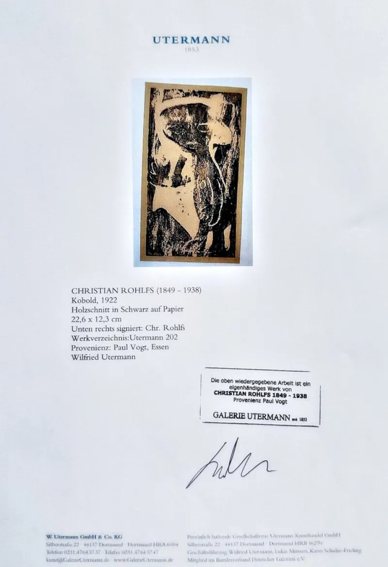Sale Pamono Christian Rohlfs, Kobold, 1922, Hand-Signed, Certificate of Authenticity