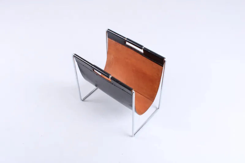 Pamono Chrome Steel and Black Leather Magazine Rack from Brabantia, 1960s> Magazine Racks