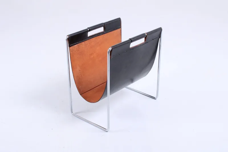 Pamono Chrome Steel and Black Leather Magazine Rack from Brabantia, 1960s> Magazine Racks
