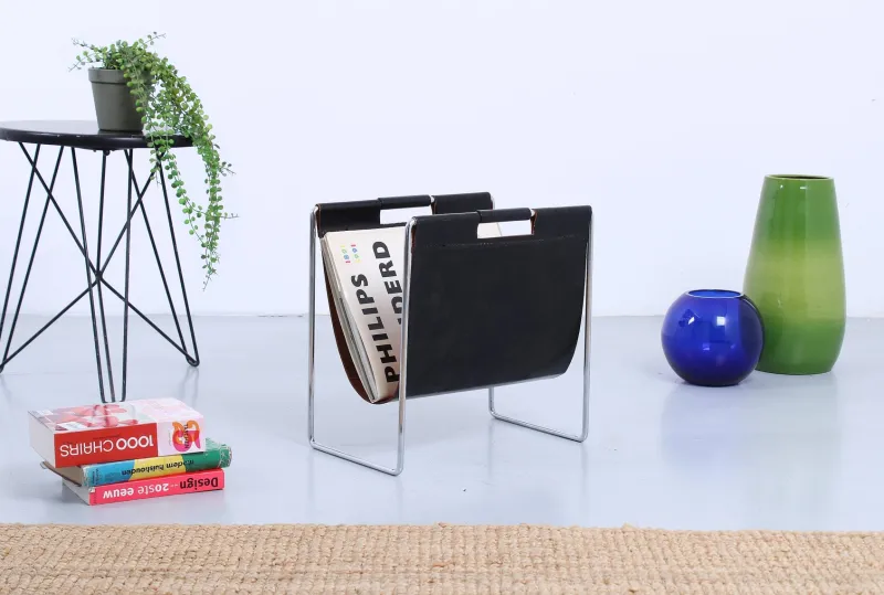 Pamono Chrome Steel and Black Leather Magazine Rack from Brabantia, 1960s> Magazine Racks