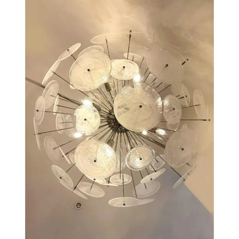 Pamono Chromed Sputnik Chandelier with Venied-White Alabastro Murano Glass Discs by Simoeng> Ceiling Lights
