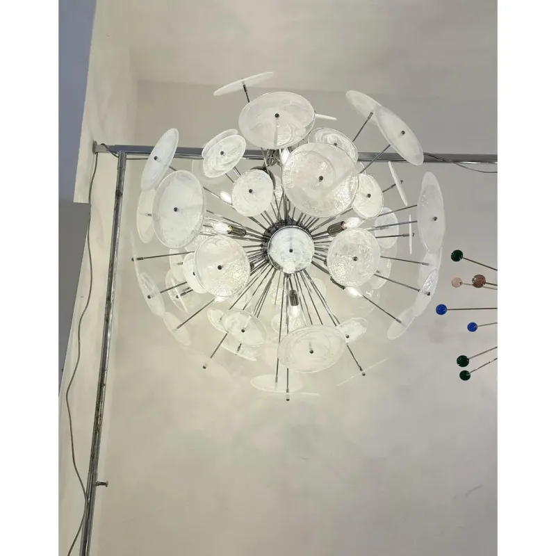 Pamono Chromed Sputnik Chandelier with Venied-White Alabastro Murano Glass Discs by Simoeng> Ceiling Lights