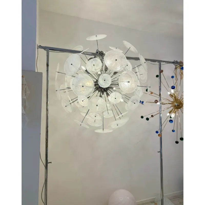 Pamono Chromed Sputnik Chandelier with Venied-White Alabastro Murano Glass Discs by Simoeng> Ceiling Lights