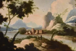 Pamono Circle of Marco Ricci, Landscapes, 1700, Oil on Canvases, Framed, Set of 2><noscript><img width=