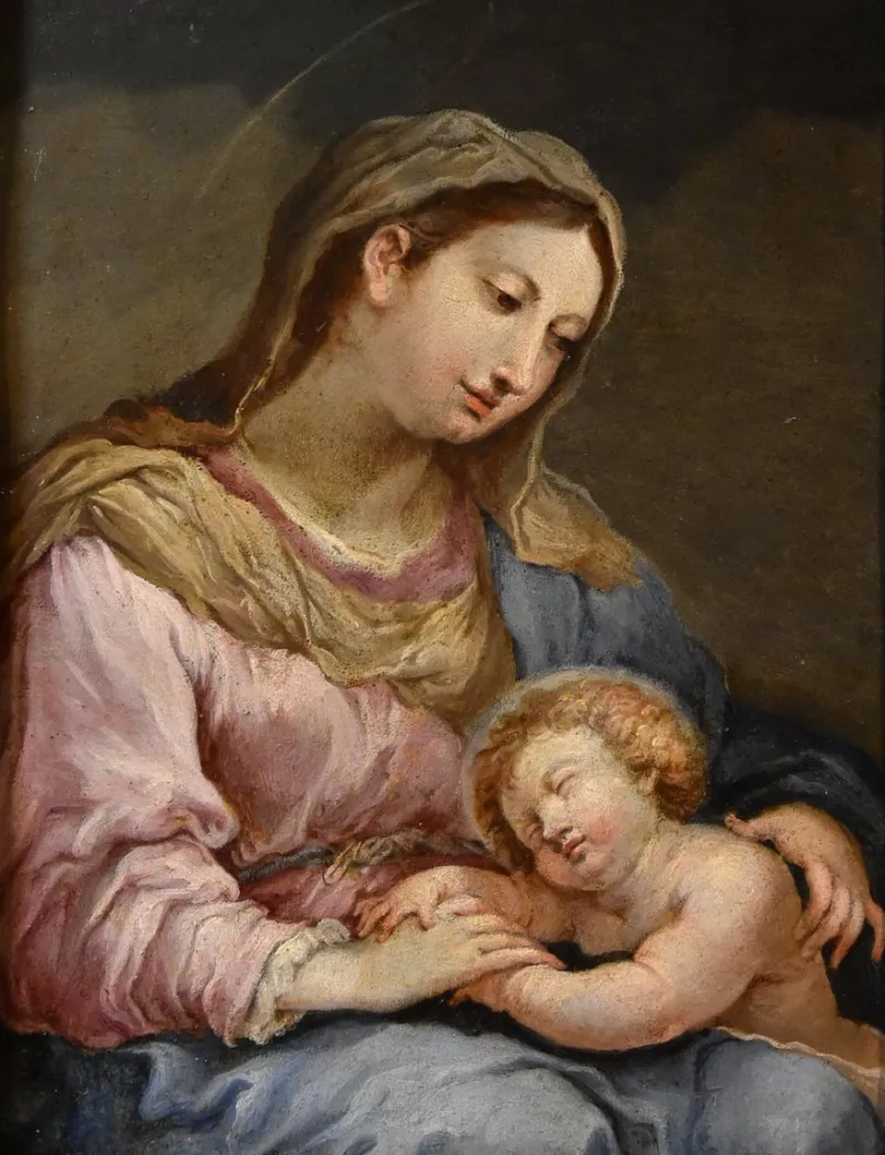 Pamono Circle of Sebastiano Conca, Madonna and Child, Oil on Copper, 1740, Framed> Old Masters|Classical