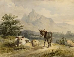 New Pamono Circle of Thomas Sidney Cooper RA, Animals in a Landscape, 19th Century, Watercolour