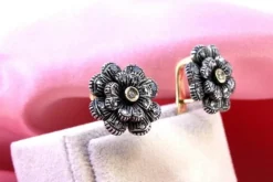 Pamono Circular Earrings in Gold and Silver with Flower-Shaped Diamond Chips, Set of 2