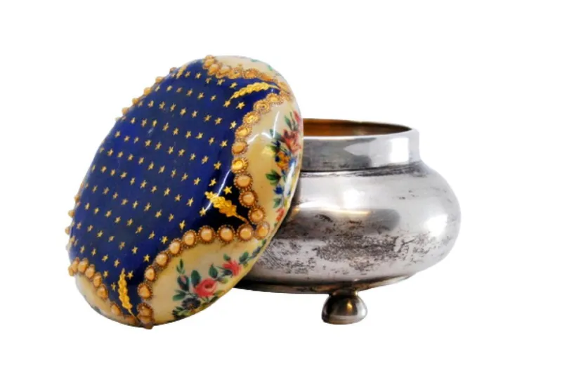 Outlet Pamono Circular Silver Box with Enamelled Ceramic Lid