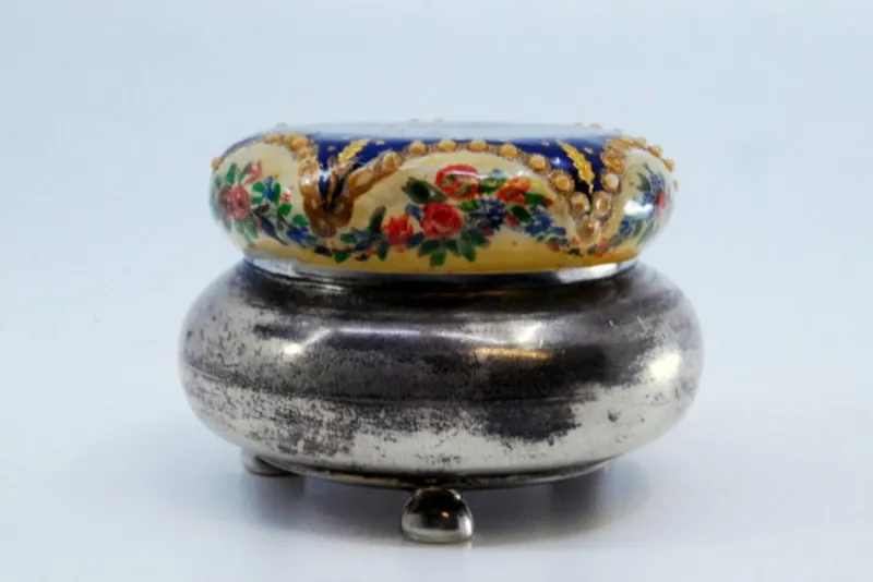 Outlet Pamono Circular Silver Box with Enamelled Ceramic Lid