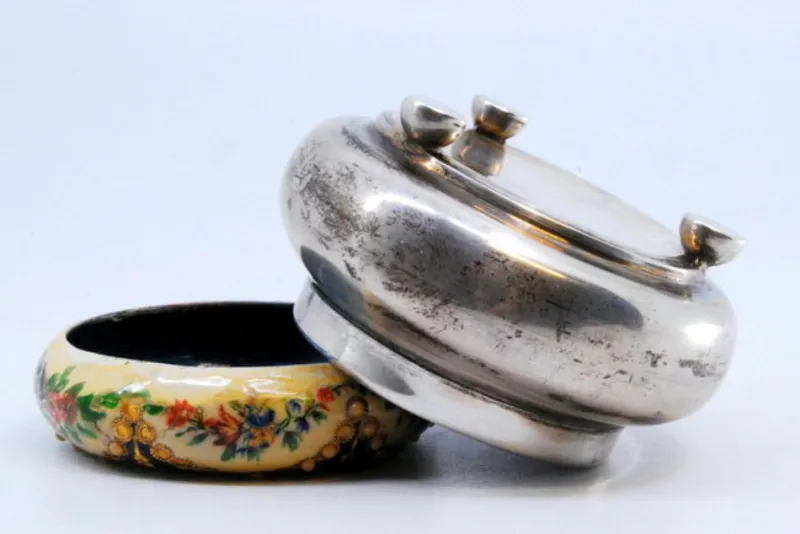 Outlet Pamono Circular Silver Box with Enamelled Ceramic Lid