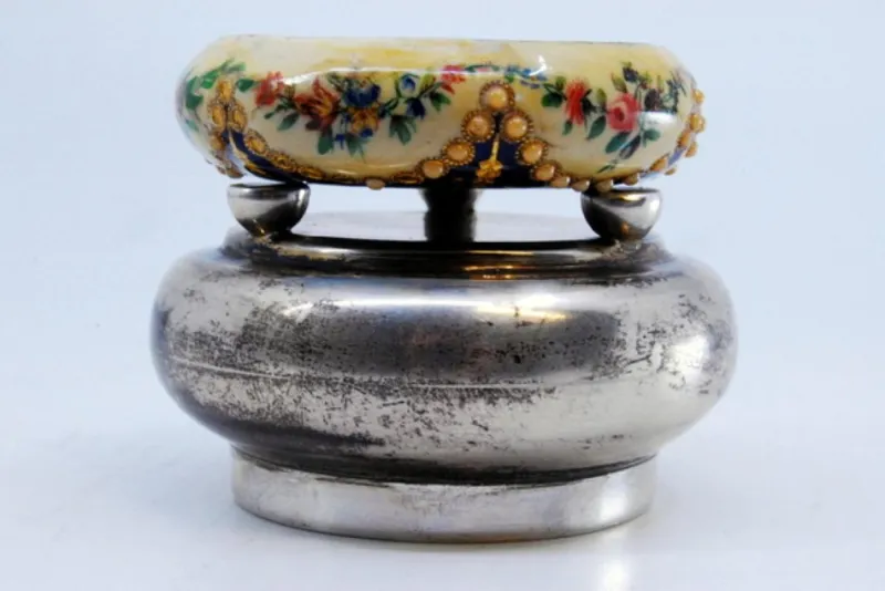 Outlet Pamono Circular Silver Box with Enamelled Ceramic Lid