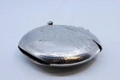 New Pamono Circular Silver Matchbox with Engraved Plant Motifs and Monogram Card