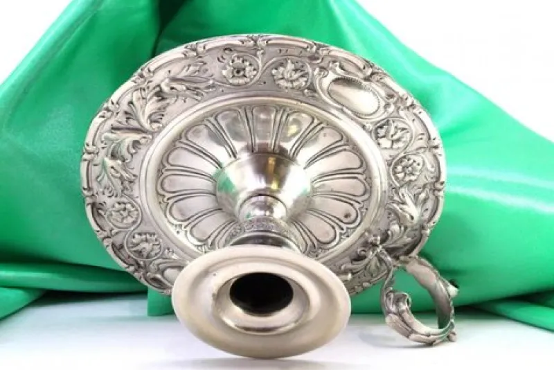 Pamono Circular Silver Paddle with Raised Floral Motifs, Grooved Engraving in the Center and Handle with Applications> Candleholders