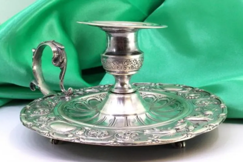 Pamono Circular Silver Paddle with Raised Floral Motifs, Grooved Engraving in the Center and Handle with Applications> Candleholders