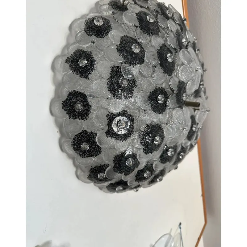 Pamono Clear and Black Flowers Flush Mount in Murano Glass by Simoeng> Wall Lights & Sconces