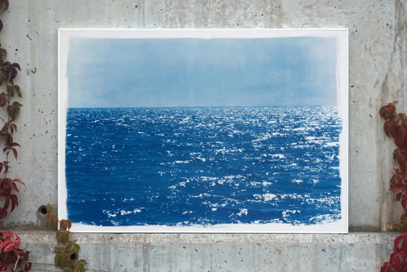 Pamono Coastal Blue Cyanotype of Day Time Seascape Nautical Painting Shore, 2020> Minimalist