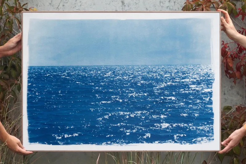 Pamono Coastal Blue Cyanotype of Day Time Seascape Nautical Painting Shore, 2020> Minimalist