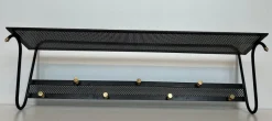 Pamono Coat Rack in Black Lacquered Metal, Perforated Sheet Metal and Brass in the style of Mathieu Matégot> Racks, Hooks & Valets