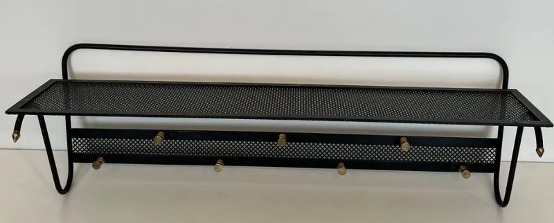 Pamono Coat Rack in Black Lacquered Metal, Perforated Sheet Metal and Brass in the style of Mathieu Matégot> Racks, Hooks & Valets