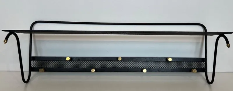Pamono Coat Rack in Black Lacquered Metal, Perforated Sheet Metal and Brass in the style of Mathieu Matégot> Racks, Hooks & Valets