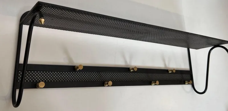 Pamono Coat Rack in Black Lacquered Metal, Perforated Sheet Metal and Brass in the style of Mathieu Matégot> Racks, Hooks & Valets
