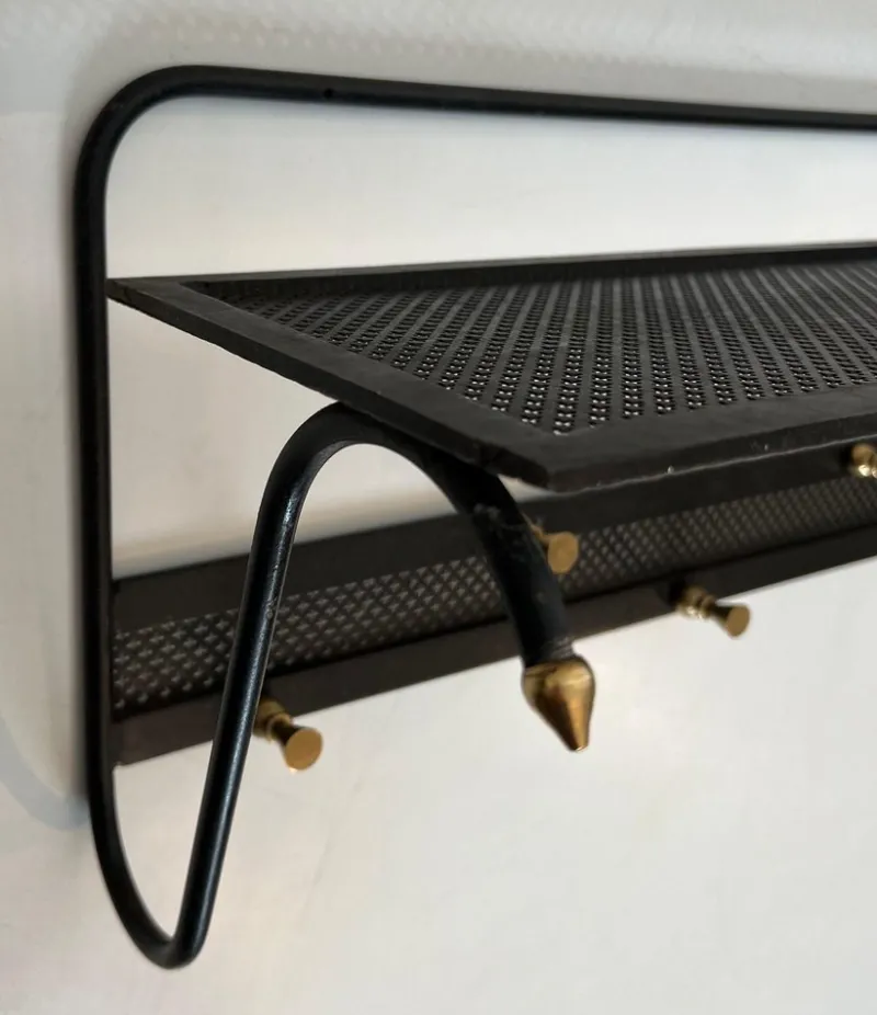 Pamono Coat Rack in Black Lacquered Metal, Perforated Sheet Metal and Brass in the style of Mathieu Matégot> Racks, Hooks & Valets