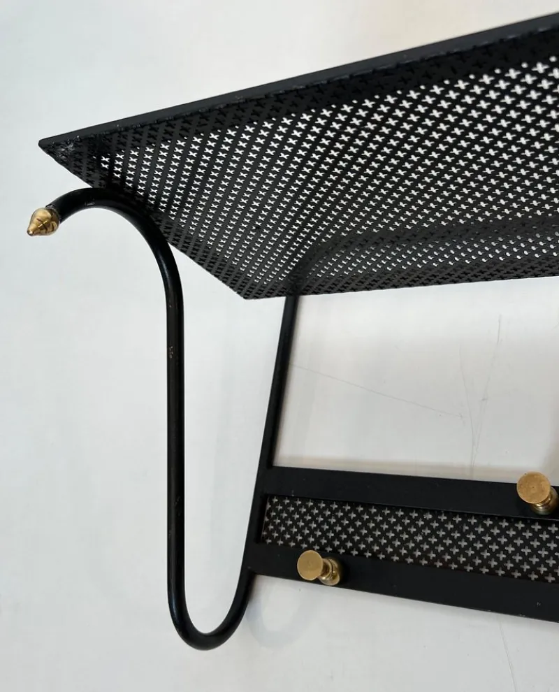 Pamono Coat Rack in Black Lacquered Metal, Perforated Sheet Metal and Brass in the style of Mathieu Matégot> Racks, Hooks & Valets