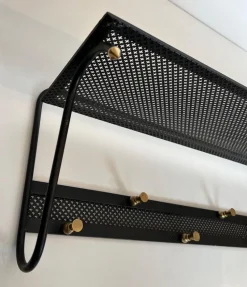 Pamono Coat Rack in Black Lacquered Metal, Perforated Sheet Metal and Brass in the style of Mathieu Matégot><noscript><img width=