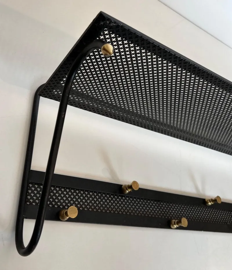Pamono Coat Rack in Black Lacquered Metal, Perforated Sheet Metal and Brass in the style of Mathieu Matégot> Racks, Hooks & Valets