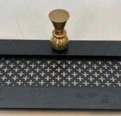 Pamono Coat Rack in Black Lacquered Metal, Perforated Sheet Metal and Brass in the style of Mathieu Matégot><noscript><img width=