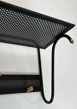 Pamono Coat Rack in Black Lacquered Metal, Perforated Sheet Metal and Brass in the style of Mathieu Matégot><noscript><img width=