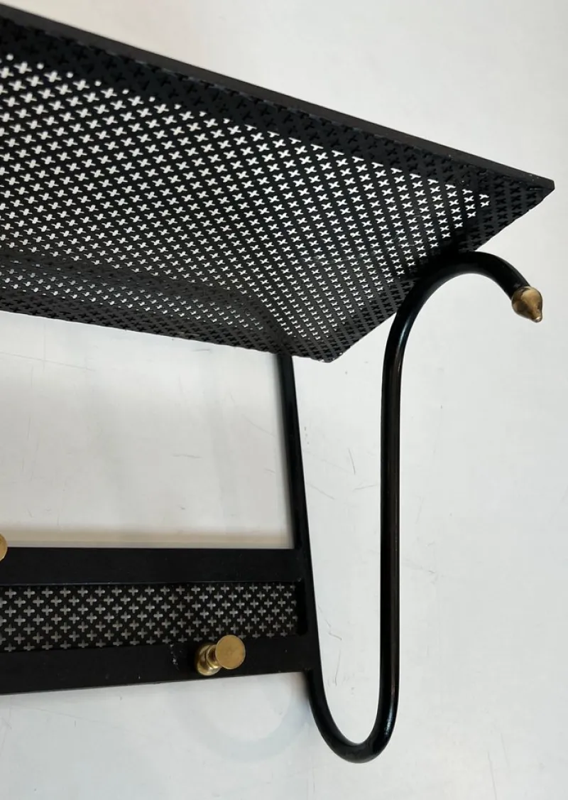 Pamono Coat Rack in Black Lacquered Metal, Perforated Sheet Metal and Brass in the style of Mathieu Matégot> Racks, Hooks & Valets