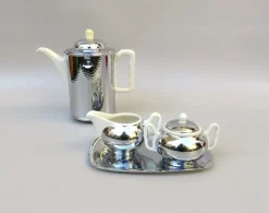 Pamono Coffee Making Set in Chrome-Plated Metal & Porcelain, 1950s, Set of 4><noscript><img width=