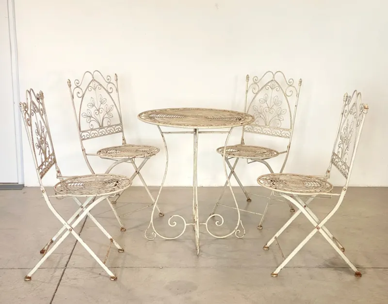 Pamono Coffee Table and Wrought Iron Folding Garden Chairs, 1960s, Set of 5> Garden Seating