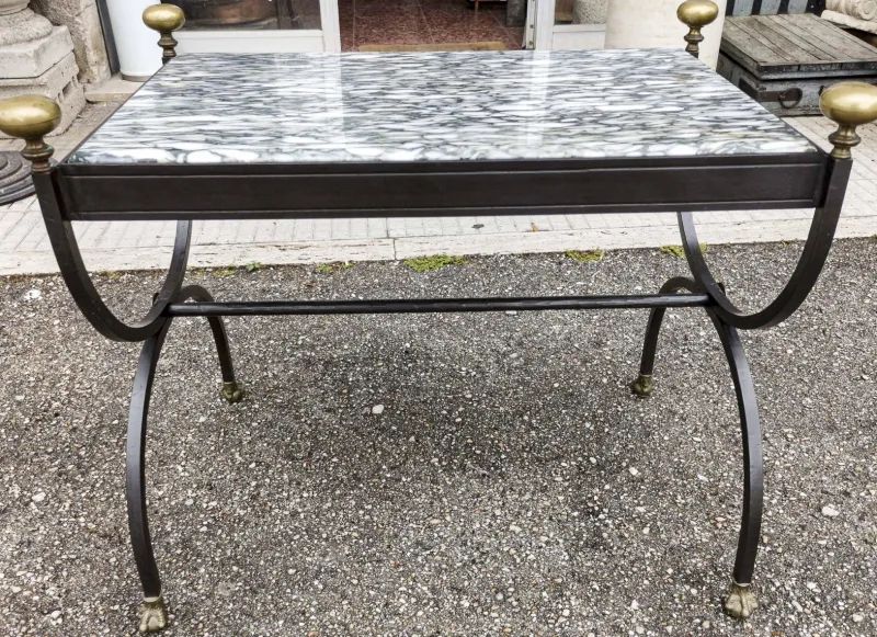 Pamono Coffee Table in Wrought Iron & Marble Top, Italy, 1980s> Garden Tables