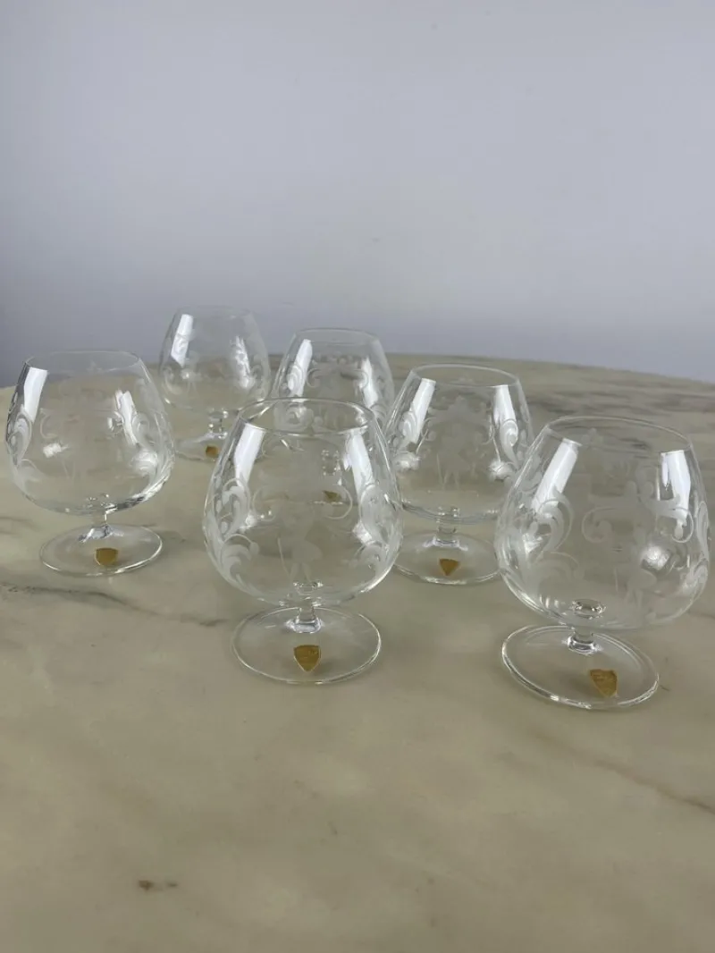 Pamono Cognac Glasses in Hand Engraved Crystal, Venice, 1960s, Set of 6> Glassware