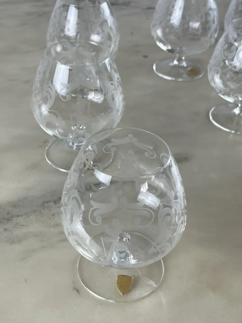Pamono Cognac Glasses in Hand Engraved Crystal, Venice, 1960s, Set of 6> Glassware