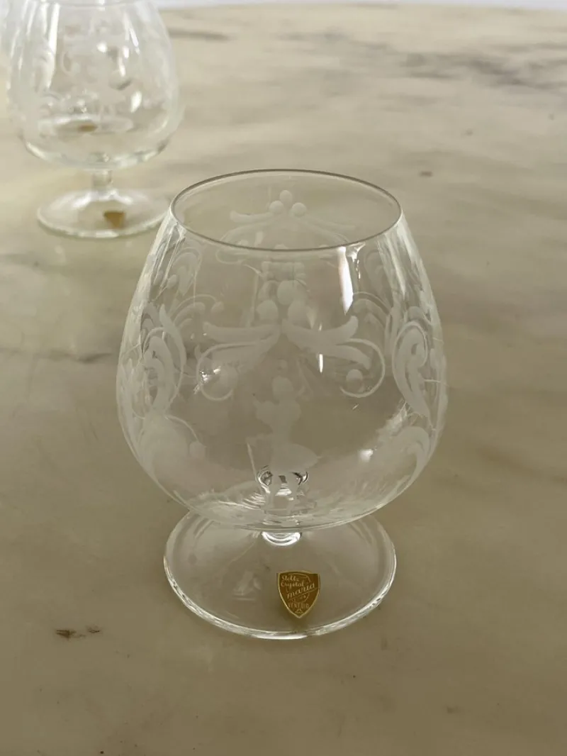 Pamono Cognac Glasses in Hand Engraved Crystal, Venice, 1960s, Set of 6> Glassware