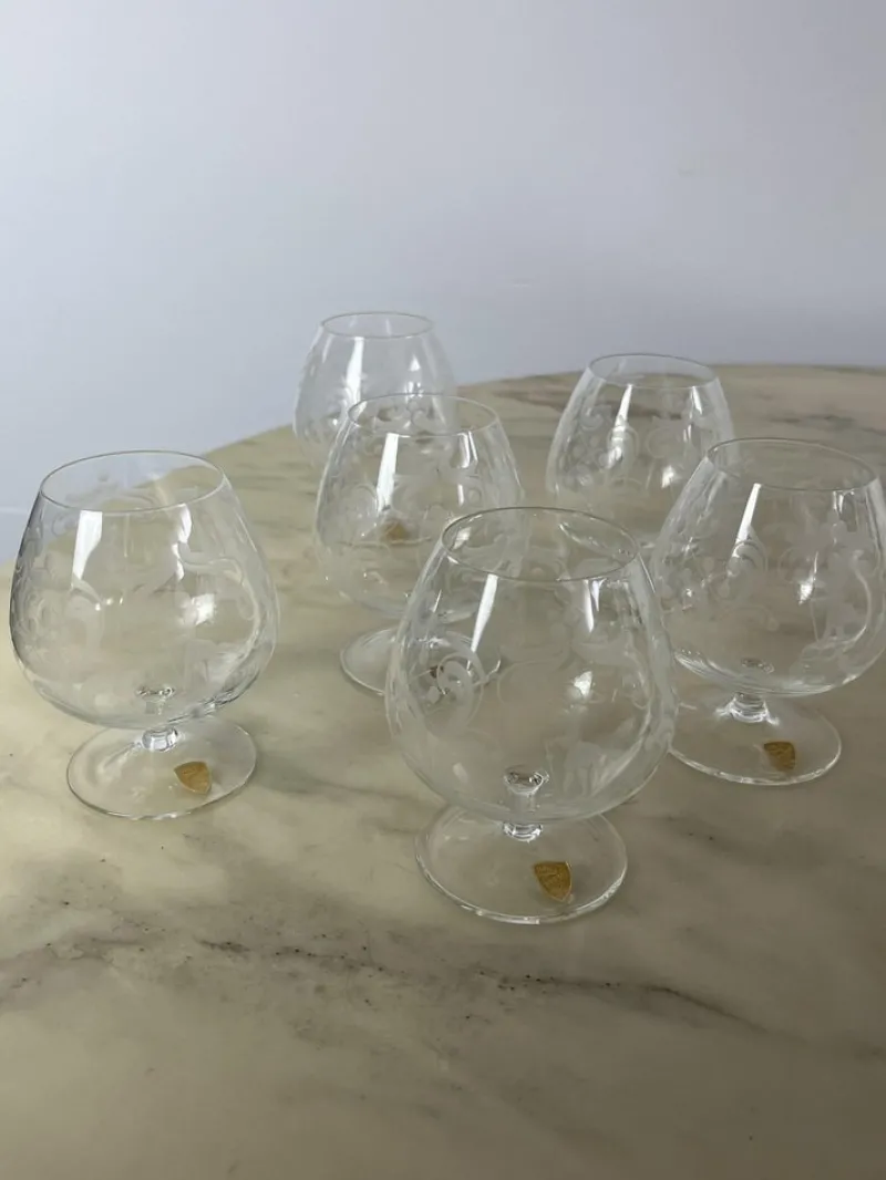 Pamono Cognac Glasses in Hand Engraved Crystal, Venice, 1960s, Set of 6> Glassware