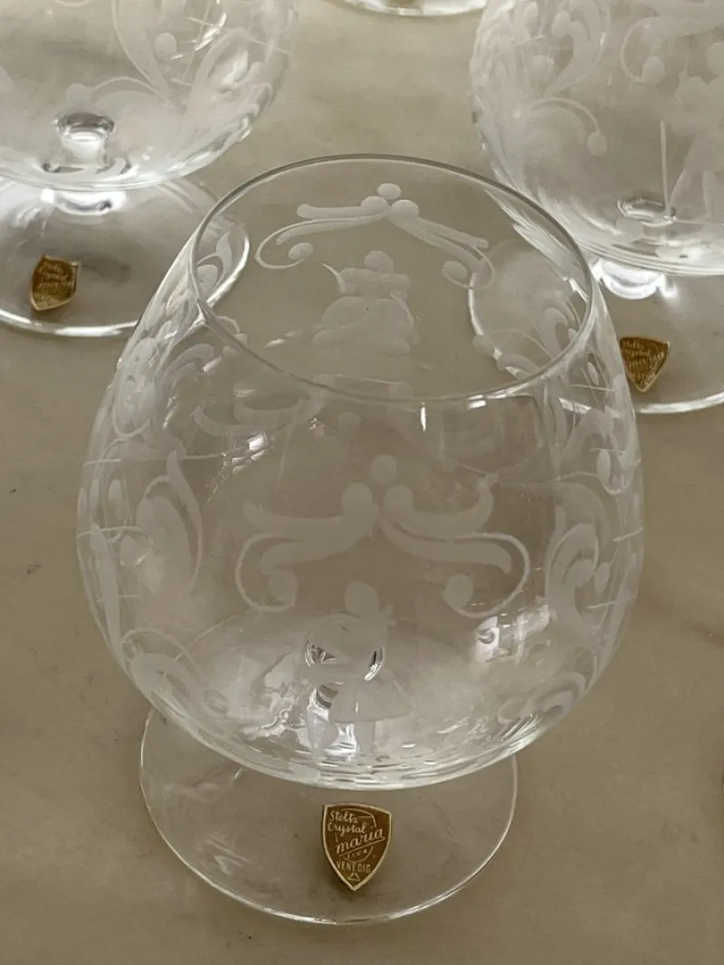 Pamono Cognac Glasses in Hand Engraved Crystal, Venice, 1960s, Set of 6> Glassware