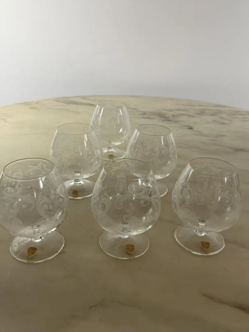 Pamono Cognac Glasses in Hand Engraved Crystal, Venice, 1960s, Set of 6> Glassware