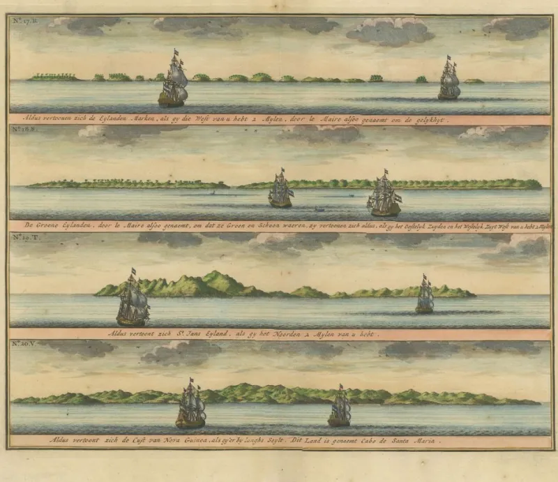 Pamono Colored Antique Print of the Islands of Marken, New Ireland and Other Islands, 1726> Posters