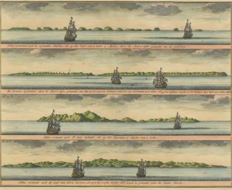 Pamono Colored Antique Print of the Islands of Marken, New Ireland and Other Islands, 1726> Posters
