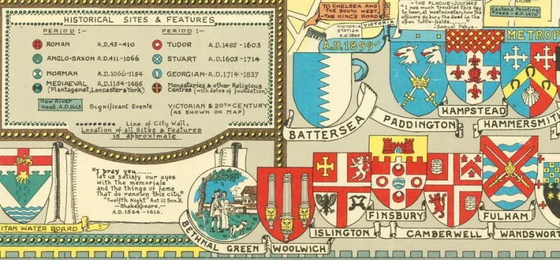 Outlet Pamono Colourful Map of the History of London, 1970s
