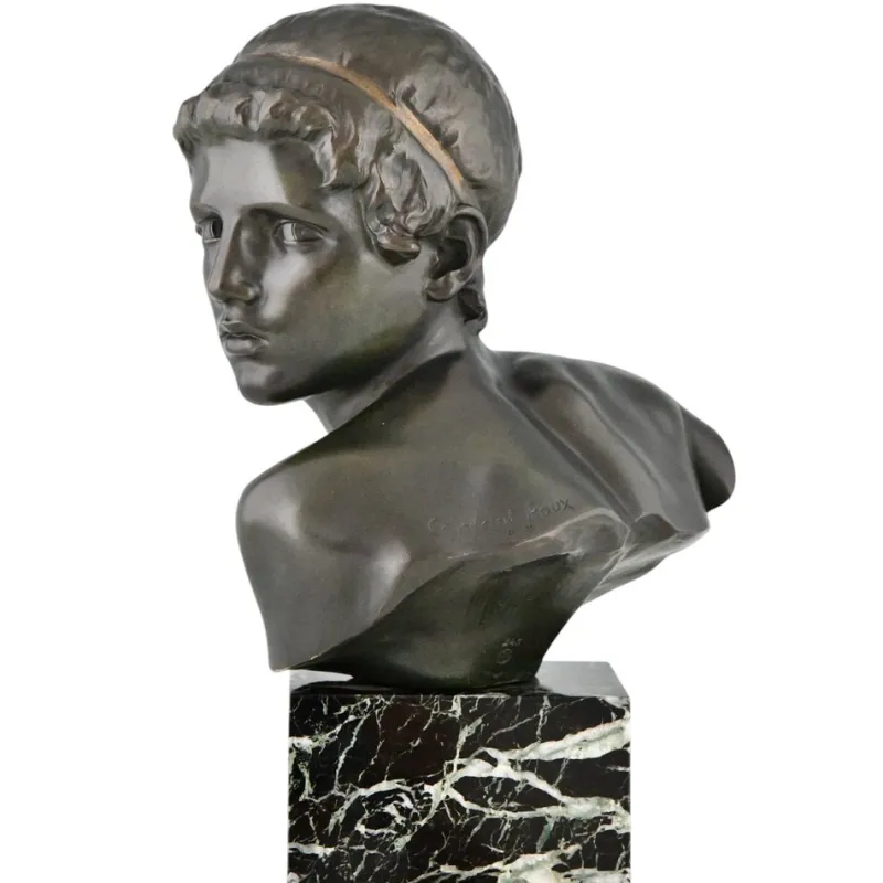 Pamono Constant Roux, Art Deco Bust of Young Achilles, 1920, Bronze on Marble Base> Art Deco